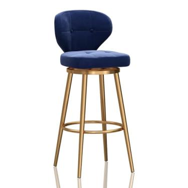 Imagem de Banquetas giratórias 1 peça, banquetas de veludo de altura do balcão com costas e pernas de metal dourado, bancos estofados modernos para ilha de cozinha, altura do assento 65 cm, azul