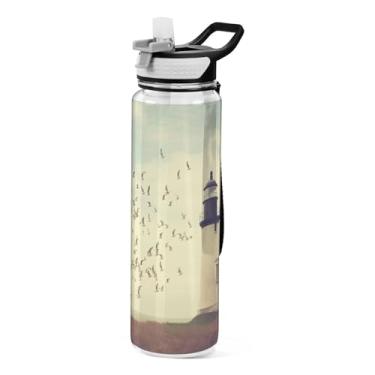 Imagem de Burbuja Garrafa de água vintage Lightghouse de 940 ml com tampa de palha, à prova de vazamento e livre de BPA para academia, esportes ao ar livre