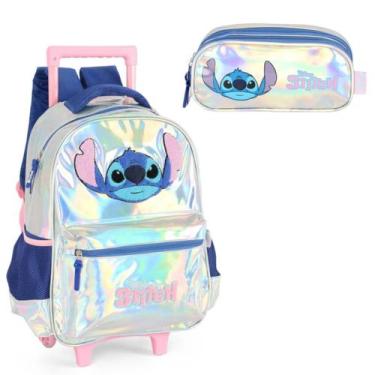 Imagem de Kit Mochila Holográfica Rodinha Stitch Disney Com Estojo - Luxcel