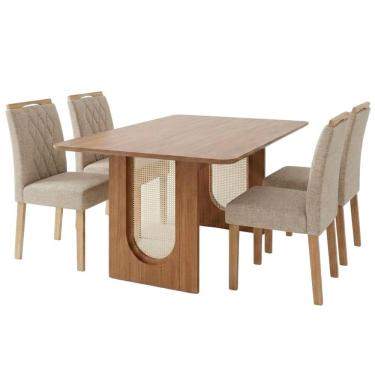 Imagem de Mesa de Jantar Valentina Mdf 4 Lugares Tampo MDF com Cadeiras Estofadas Linho Bege Mila...