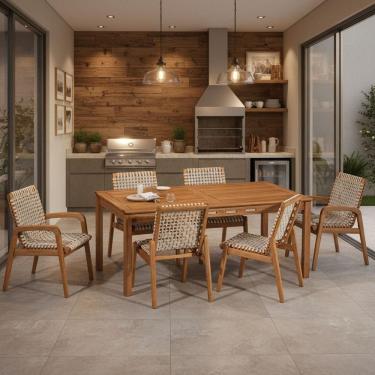 Imagem de Conjunto de Jantar Trammare C07 6 Lugares Tampo em MDF com Cadeiras em Corda Náutica Ar...
