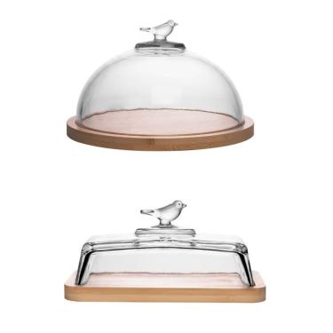 Imagem de Kit Queijeira e Manteigueira Bambu Bird para Servir Queijos e Manteiga em Cristal com Base em Bambu Transparente Wolff