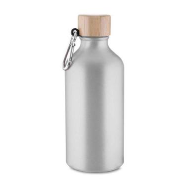 Imagem de Garrafa Alumínio Reciclado 550ml Tampa Bambu Mosquetão Prata - King Mi
