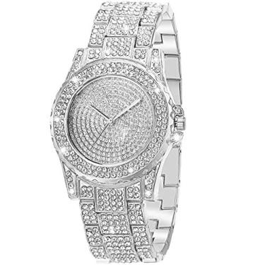 Imagem de ManChDa Relógio de diamante prata para mulheres homens relógios de strass Ice Out relógio completo de diamantes quartzo cristal aço inoxidável relógio de ouro feminino masculino, 1