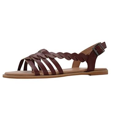 Imagem de Sapatos Sandálias romanas Sandálias planas no tornozelo para mulheres com alça de fivela casual acolchoada sandálias femininas de designer N Shoes (café, 37)
