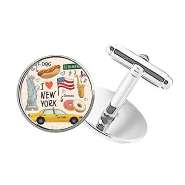 Imagem de DIYthinker Abotoaduras de botão redondo I Love New York Hot Dog Donuts America Texi