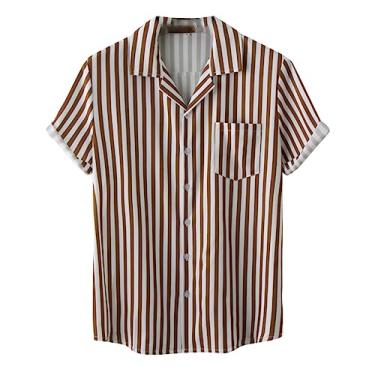 Imagem de Camisa masculina com estampa listrada digital drapeada manga curta secagem rápida para a pele casual praia, Café, G