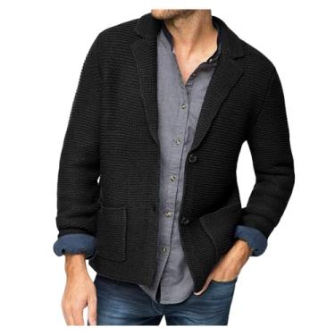 Imagem de Suéter masculino de malha com gola de lapela cardigã cor sólida suéter de botão manga longa casual, Preto, M