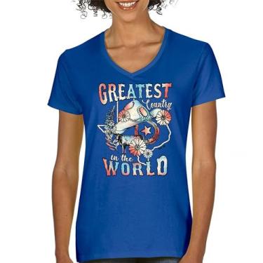 Imagem de Camiseta feminina com decote em V Greatest Country in The World Cowgirl Cowboy Girlfriend Southwest Rodeo Country Western Rancher, Azul, P