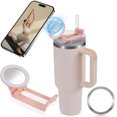 Imagem de Suporte de telefone de garrafa de água para Stanley Tampa de copo Quencher de 1,134 g, compatível com MagSafe, com acessório de anel magnético, suporte de telefone, portátil, rotativo (1, rosa,