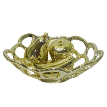 Imagem de Fruteira Ouro Dourada Kit Maça Pera Banana Decoracao Ceramica - AB MID
