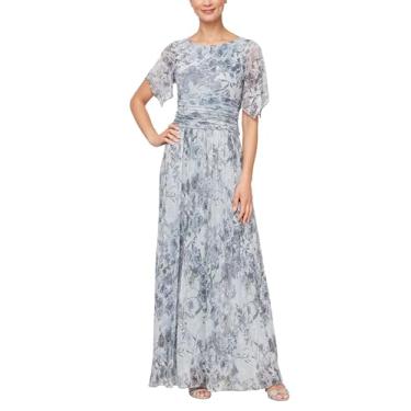 Imagem de S.L. Fashions Vestido feminino longo evasê com mangas esvoaçantes e cintura franzida, convidada de casamento, vestido de festa (tamanhos pequenos e regulares), Prateado multi, 48