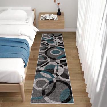 Imagem de YUFANUHO Tapete de corredor lavável moderno azul preto cinza – Tapete de lã sintética macia com círculos abstratos, design de linha, tapetes de corredor para corredor, quarto, tapetes de cabeceira
