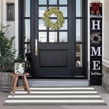 Imagem de USTIDE Tapete listrado preto e branco para uso externo, 90 cm x 149 cm, tecido à mão, lavável à máquina, interior/externo, tapetes de porta em camadas para entrada/quarto/cozinha
