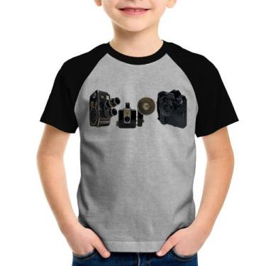 Imagem de Camiseta Raglan Infantil Câmeras Vintage - Foca na Moda, Cinza, Preto,