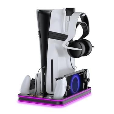 Imagem de EJGAME Suporte e estação de resfriamento PS5 Pro/Slim/PS5 com controle de iluminação RGB para console PlayStation 5, base de carregamento PS Portal, acessórios P5 Pro com ventilador de resfriamento de