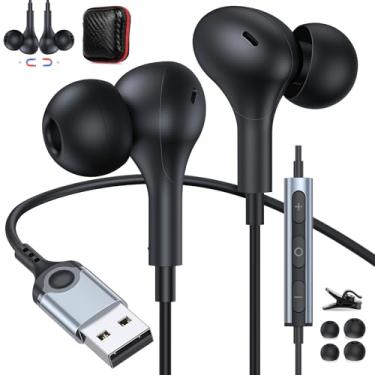 Imagem de ACANDYA Fones de ouvido USB com microfone para PC, fones de ouvido USB A, cabo de 2,3 m, fone de ouvido intra-auricular magnético, função de mudo para laptop, desktop, notebook, fone de ouvido para