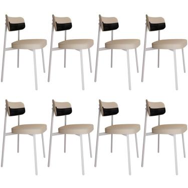 Imagem de Kit 08 Cadeiras Estofada Para Sala De Jantar Astrid Branco C01 Linho Areia Courino Preto - Lyam Decor