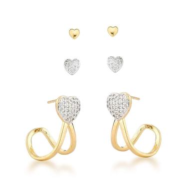 Imagem de Trio De Brincos Argola E Dois Corações Banhados A Ouro 18k