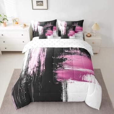 Imagem de Feelyou Jogo de cama Queen com arte abstrata moderna, 7 peças, rosa, preto e abstrato, com lençol geométrico, para meninos e meninas e adolescentes