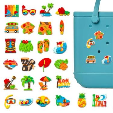 Imagem de 27 peças de pingentes Havaí para bolsa Bogg, berloques de praia chiques para meninas e mulheres, acessórios de bolsa de borracha, decoração de bolsa com berloque tropical, roupa Aloha, flores, ondas