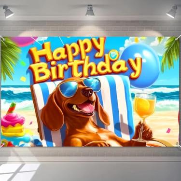 Imagem de BlissYard Faixa de Happy Birthday Beach Dachshund Festa Verão Decrations Design Divertido Óculos de Sol Relaxante Cachorro Bebida Presentes Palmeiras 71 x 43 Polegadas para Crianças Adultos Fundo