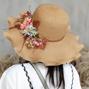 Imagem de Chapéu de Palha Feminino de Aba Larga - Dobrável, para Praia e Sol, Ta