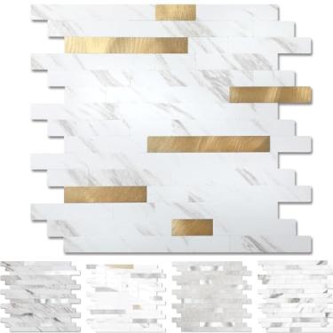 Imagem de Yipscazo 5 folhas de revestimento de azulejo de metal de pedra, cole em azulejos para cozinha, banheiro, lavanderia, acampamento, lareira (30 x 30 cm, pedra branca com ouro)