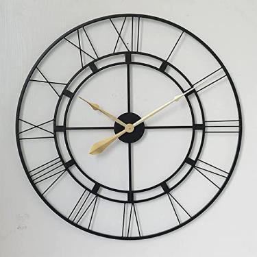 Imagem de Relógio de parede arte simples relógio ao ar livre vintage ferro forjado grande relógio externo numerais romanos mostrador aberto relógio de metal silencioso quartzo operado por bateria relógio