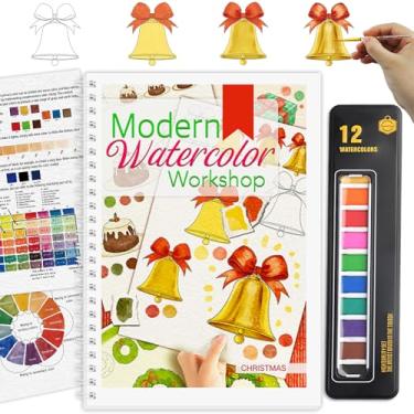 Imagem de Livro de exercícios em aquarela, livro de colorir com 12 padrões, livros de aquarela para iniciantes com 12 cores de tinta e pincel, conjunto de tinta de aquarela, estresse - presente para alívio de