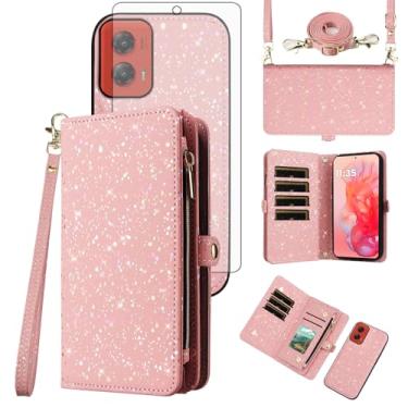 Imagem de Asuwish Capa de celular para Motorola Moto G Stylus 5G 2024 com zíper carteira magnética destacável com protetor de tela de vidro temperado e suporte de cartão com glitter, acessórios para celular G5