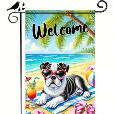 Imagem de BlissYard Olá verão bandeira de jardim buldogue francês cachorro 30 x 45 cm dupla face buldogue inglês feliz praia jardim bandeira filhote brinquedos suco de limão flip flop tropical palmeira