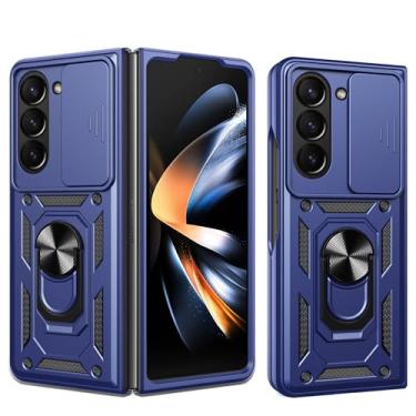 Imagem de RKINC Capa para Samsung Galaxy Z Fold 5 com capa deslizante para câmera e suporte giratório de grau militar à prova de choque com suporte magnético para carro, azul marinho