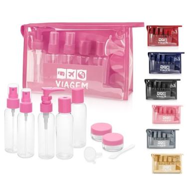 Imagem de Kit 10 Frascos para Viagem com Necessaire Transparente – com Funil e Espátula | Compacto Antivazamento Bagagem de Mão Avião
