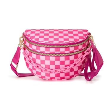 Imagem de Espaçosa bolsa transversal de nylon quadriculada bolsas de mão xadrez carteiras com corrente personalizada para mulheres, Corrente - Xadrez Rosa Rosa, Elegante
