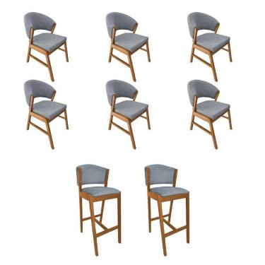 Imagem de Kit 6 Cadeiras De Jantar Debora Madeira Maciça Com 2 Banquetas Ana Cerejeira Premium Linho Cinza