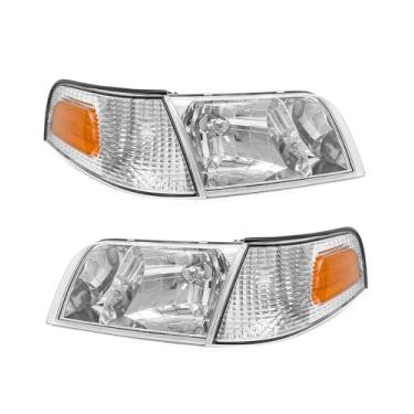 Imagem de Farol para Ford Crown Victoria /98-11 1998-2011 Conjunto de farol com par de substituição com invólucro cromado refletor âmbar esquerdo + direito