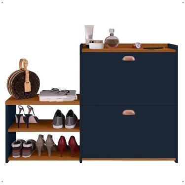 Imagem de Sapateira Banquinho 21 Calçados Prateleira Gaveta Basculante(Azul/Cedro)