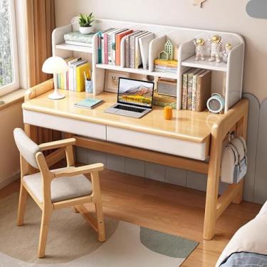 Imagem de Mesa infantil com estante de livros, mesa e cadeira para crianças com altura ajustável para crianças de 8 a 12 anos, mesa de estudante com prateleiras, gaveta e ganchos, mesa de armazenamento grande