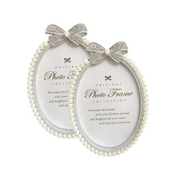 Imagem de Pacote com 2 molduras ovais Love Pearl de 10 x 15 x 17 cm com laço e strass – porta-retratos de plástico para casamento, Dia dos Namorados, Dia das Mães (moldura oval de 10 x 15 cm)