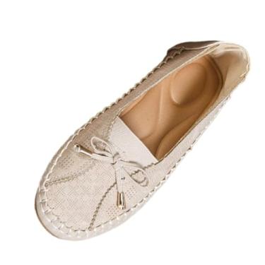 Imagem de Mocassins femininos fashion casual cor sólida salto baixo bico redondo elástico plano, material PU todas as estações, confortável, lazer, uso ao ar livre, Bege, 38