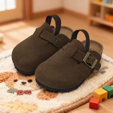Imagem de Sandálias infantis de camurça para meninos e meninas, palmilha de cortiça, chinelos infantis sem cadarço para uso interno e externo, Café, 10 Toddler