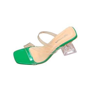 Imagem de Sandálias femininas de salto alto com tira transparente salto de cristal design de salto grosso tamanho grande, Verde, 36