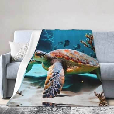 Imagem de Cobertor grande ultra macio com estampa de tartaruga marinha, perfeito para cama, sofá e viagens, manta de flanela aconchegante e quente