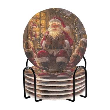 Imagem de Blueangle 6 peças de porta-copos alegres de Papai Noel para bebidas, porta-copos de tecido redondo super absorvente para mesa de café, proteção de mesa para decoração de casa (275)