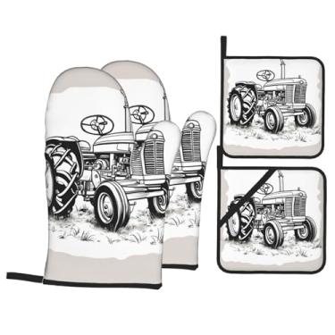 Imagem de Luvas de cozinha resistentes ao calor e suporte de panela com estampa de trator de desenho animado, luvas de forno confortáveis para cozinhar