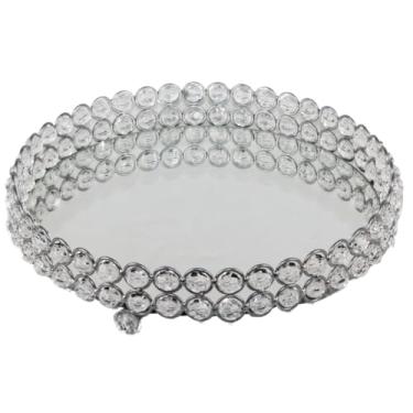Imagem de Bandeja Decorativa Redonda de 2 Filetes Bordada em Cristal Acrílico 31cm(Prata)