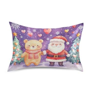 Imagem de Blueangle Fronha de cetim urso e Papai Noel para cabelo e pele, fronha de seda, tamanho Queen (51 x 76 cm) - Capas de almofada de cetim com fecho de envelope (371)
