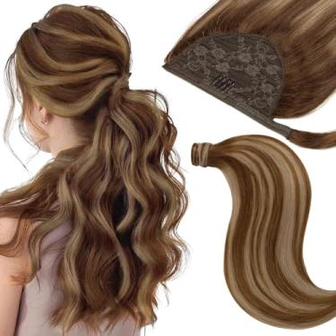 Imagem de Extensão de rabo de cavalo de cabelo humano real em torno de extensões de cabelo rabo de cavalo longo e reto clipe em rabos de cavalo para mulheres 45,7 cm 80 g marrom escuro a marrom médio com raízes