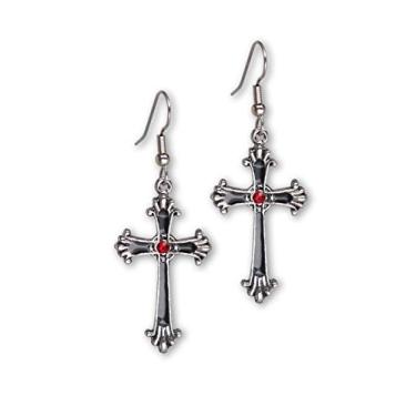 Imagem de Brincos de cruz vitoriana gótica com cristais austríacos vermelhos